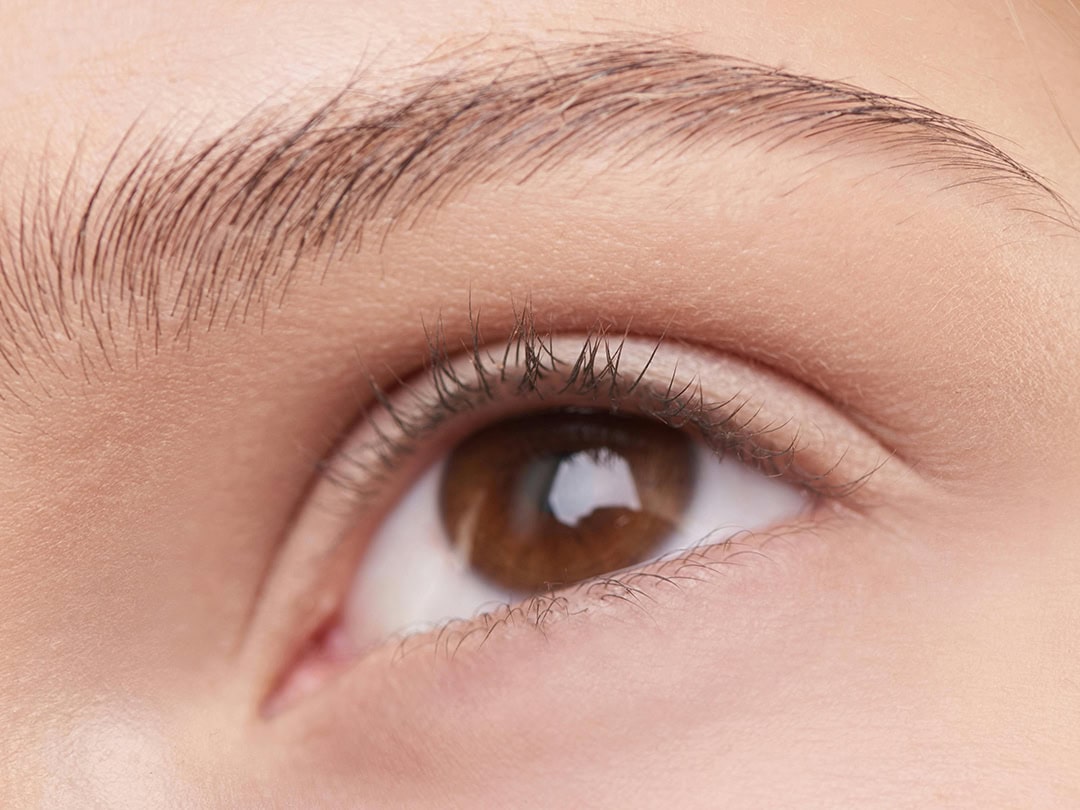 Detailed view of an eye showcasing eyebrow and eyelash grooming by B-unique.